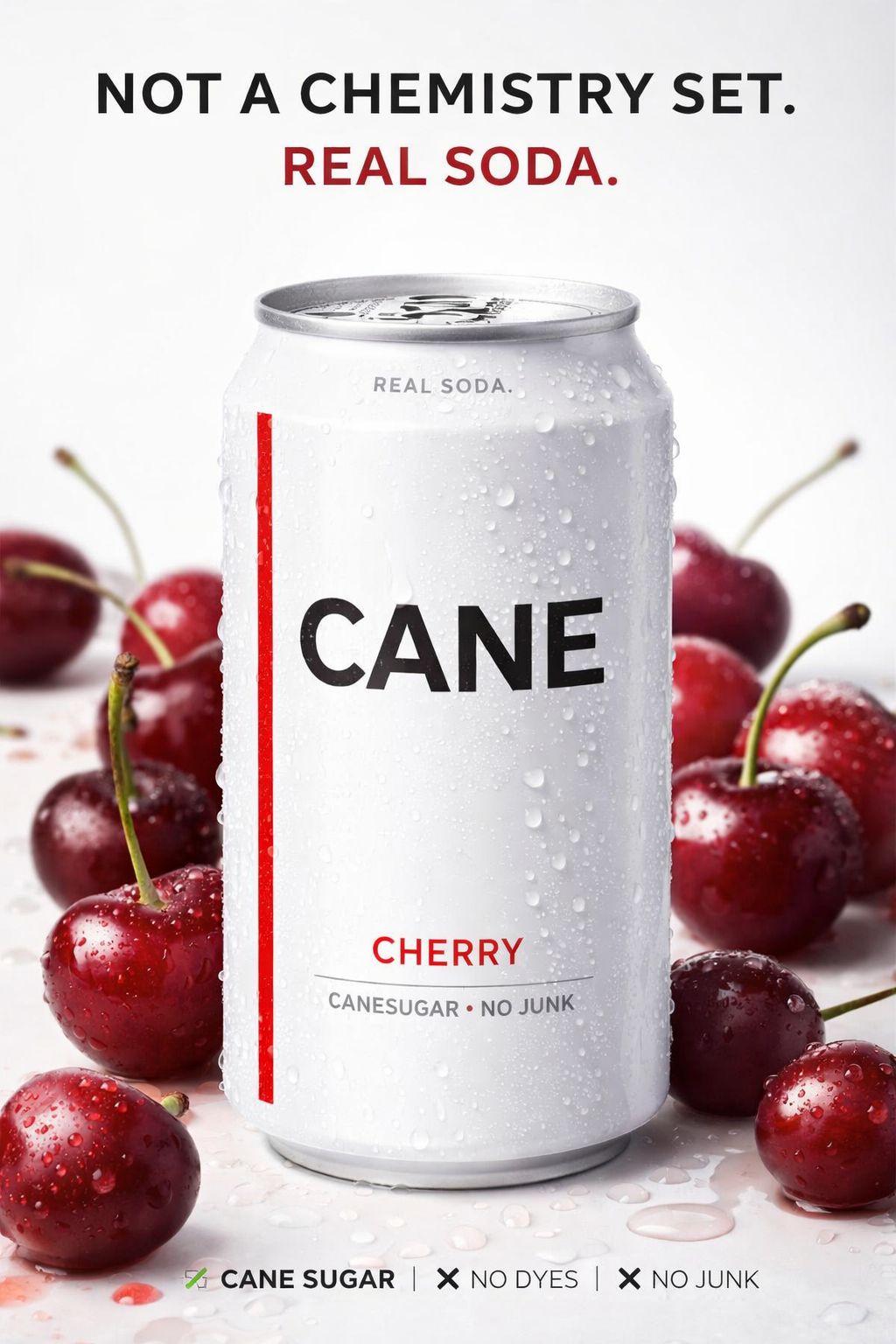 CANE Cherry soda can surrounded by fresh cherries — Not a chemistry set, real soda.