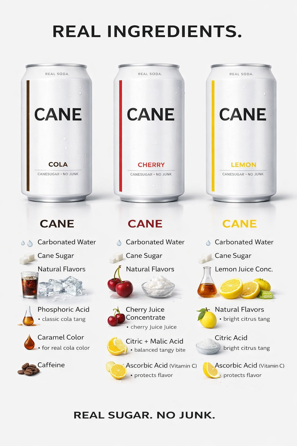 Real Ingredients — all three CANE cans (Cola, Cherry, Lemon) with their full ingredient lists and explanations.